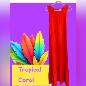 NWOT Vibrant Coral Orange Sleeveless Maxi Dress- Ruffled Hem. Size Large.